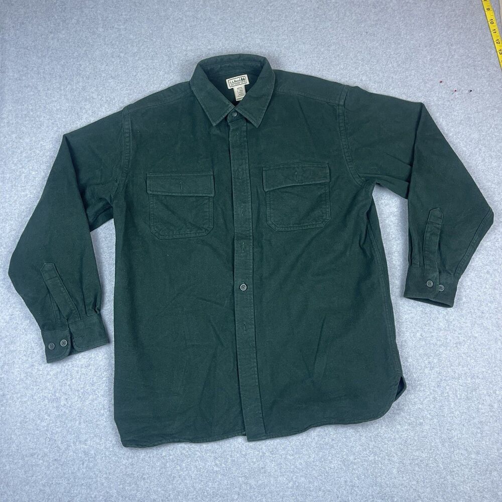 LL Bean Chamois Shirt Mens Large Regular Green Flannel Thick Workwear 0 MT03
